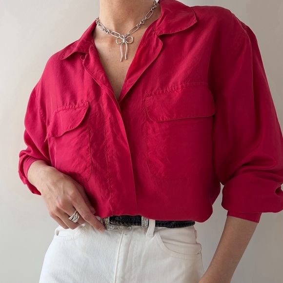 Vintage Tops - Vintage 100% silk cherry red blouse / button down shirt paper thin oversized